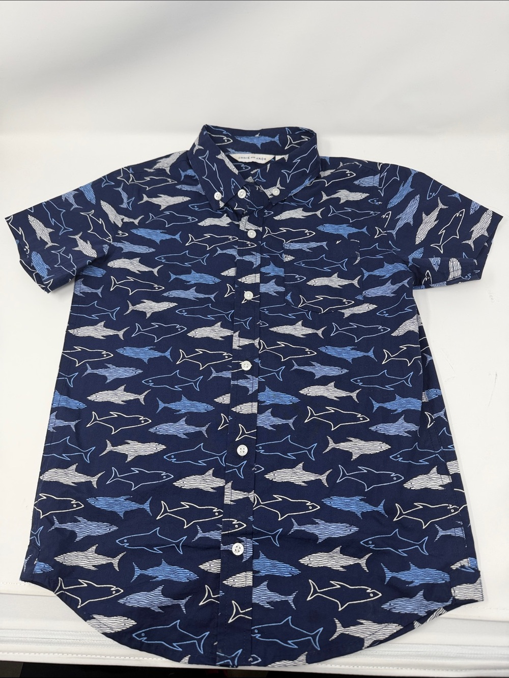 Janie and Jack Navy Shark-Print Short Sleeve Button Down Shirt